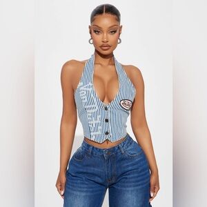 Von Dutch Denim Vest Halter Crop Tank Top in Stripes, Women’s size XS